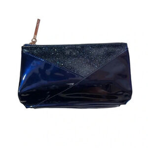 Lancome Paris Navy Blue Cosmetic Bag Glitter Patent Makeup Pouch Case